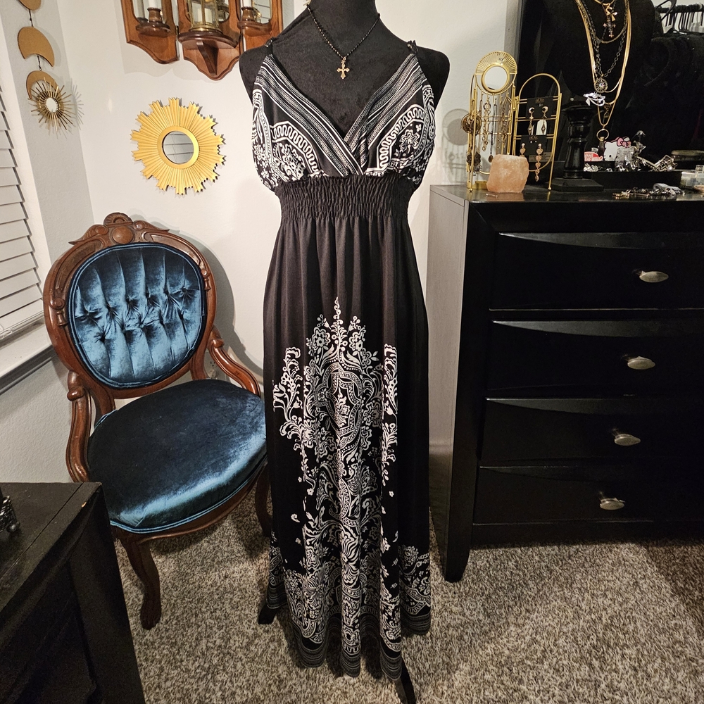 She's Cool black and white Mandala patterned maxi dress